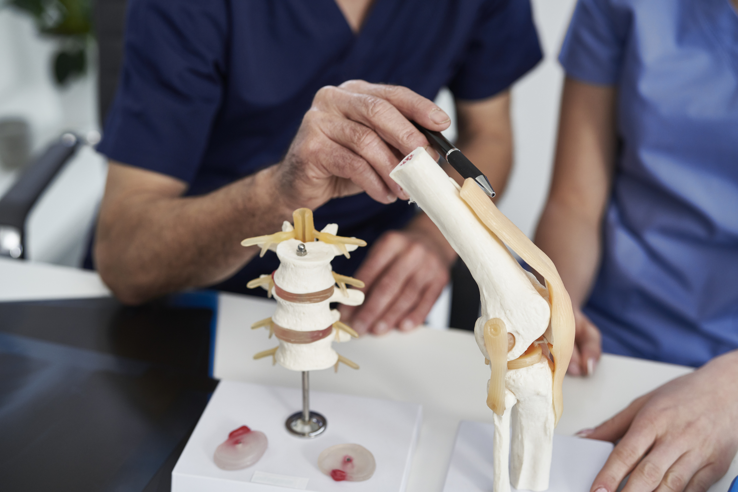 Adultos realizando ejercicios preventivos en grupo guiados por especialista en un centro de cirugía ortopédica y traumatología